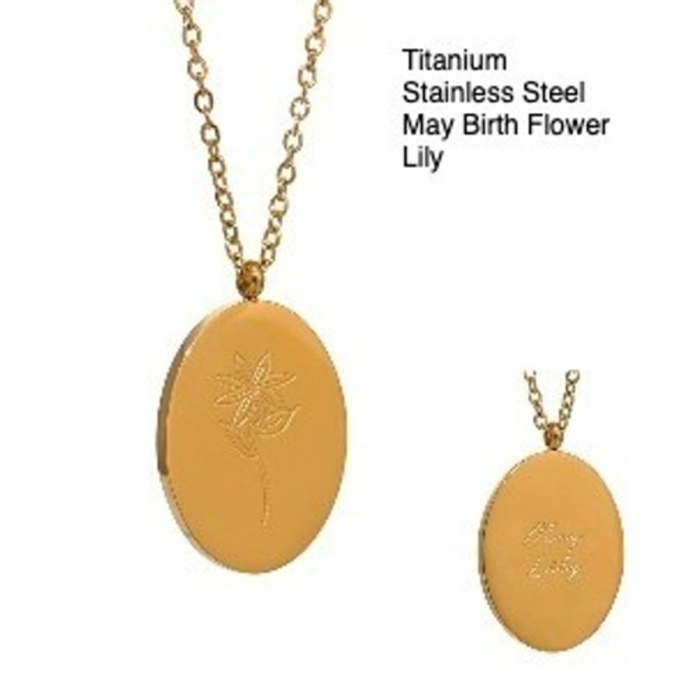 Gold Tone Titanium Pendant Necklace‎ May Birth Flower Lily Stainless Steel Chain